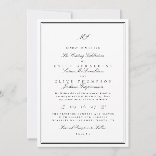 Formale Gerahmte klassische Monographie Schwarz-we Einladung (Vorderseite)