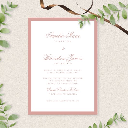 Formale Hochzeit mit Dusty Rose-Rahmen und Script- Einladung