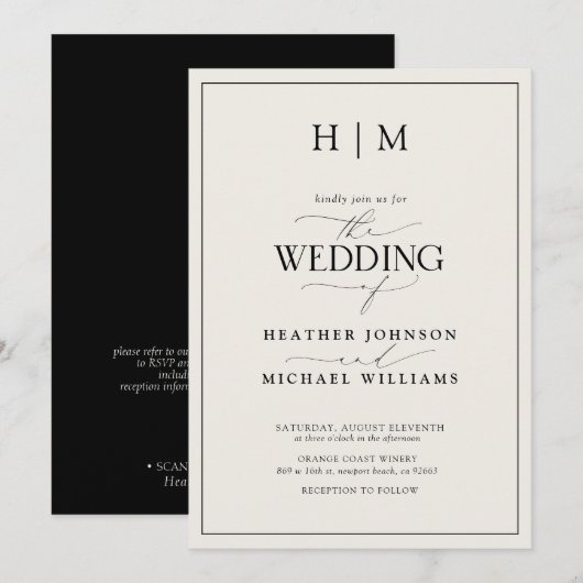 Formale Hochzeit mit QR-Code in Schwarz und Elfenb Einladung (Vorne/Hinten)