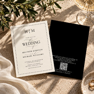 Formale Hochzeit mit QR-Code in Schwarz und Elfenb Einladung