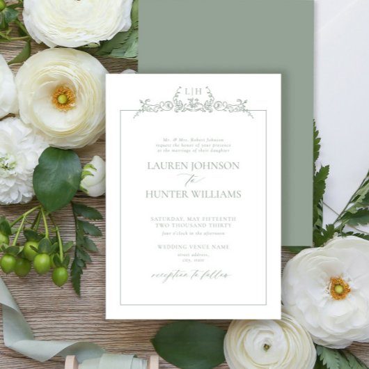 Formale Hochzeit mit Salbeigrünem Blumenrand-Monog Einladung