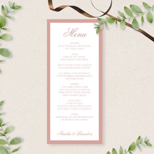 Formale klassische Dusty Rose-Rand-Script-Hochzeit Menükarte