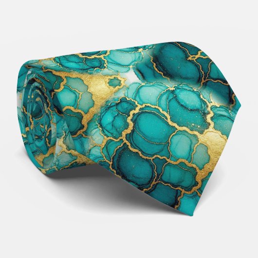 Formale Krawatte | Marmor Türkis Blau & Gold (Gerollt)