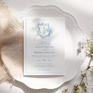 Formale Krest Vibrant Blaue Monogramm-Hochzeit Einladung