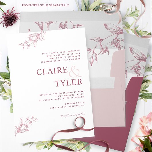 Formale, moderne Typografie Burgund, rosa Hochzeit Einladung