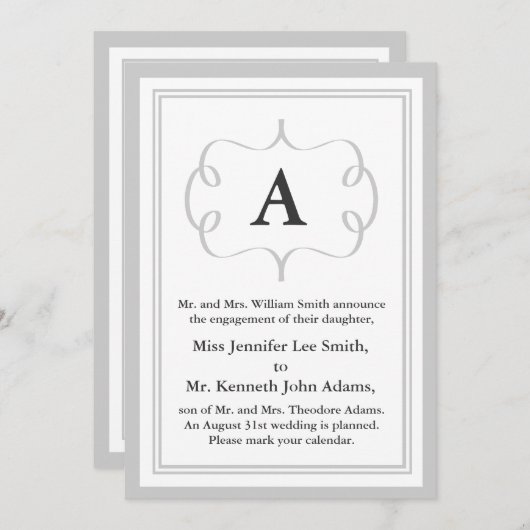 Formale Monogramm-Einladung im Grau Einladung (Vorne/Hinten)