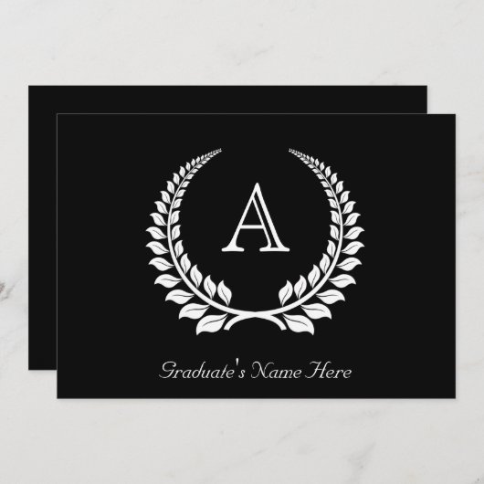 Formale Monogramm Laurel Schwarz/Weiß Einladung (Vorne/Hinten)