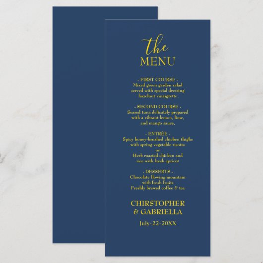 Formale Navy- und Gold-Hochzeit Menükarte (Vorne/Hinten)