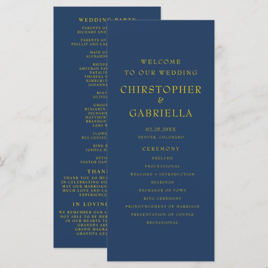 Formale Navy- und Gold-Hochzeit Programm (Vorne/Hinten)