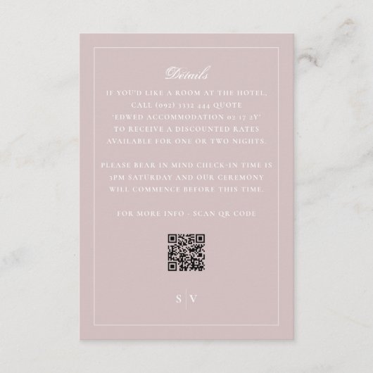 Formale rosafarbene QR-Code-Hochzeitsdetails Begleitkarte (Vorderseite)