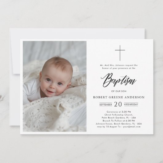 Formale Schwarz-Weiß-Foto Säugling Katholische Tau Einladung (Vorderseite)
