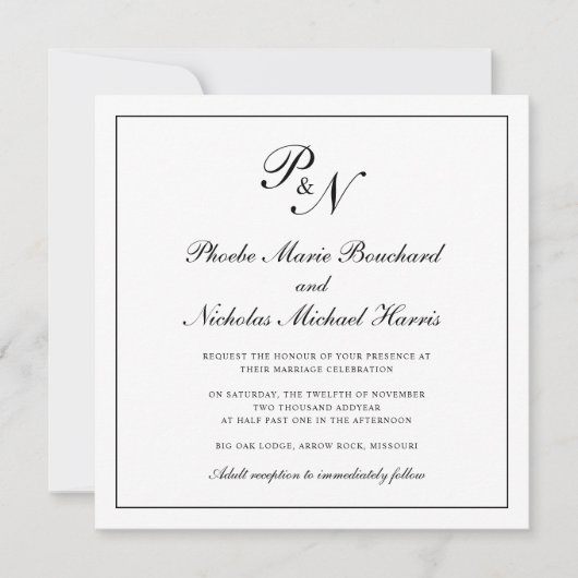 Formale Schwarz-Weiß-Monogramm-Hochzeit Einladung (Vorderseite)