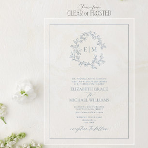 Formale staubblaue blättrige Monogramm-Hochzeit Acryleinladungen