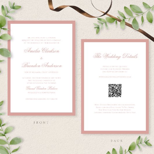 Formaler Dusty Rose-Rahmen-Script-Hochzeits-QR-Cod Einladung