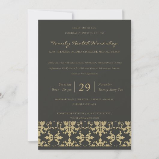 FORMALES BLACK GOLD DAMASK CLASSIC WORKSHOP EREIGN EINLADUNG (Vorderseite)