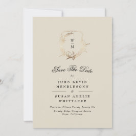 Formales Cream Black Monogram Gold Wappen Foto Save The Date