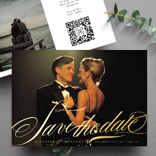 Formales Elegantes Gold-Kalligrafie-QR-Code-Foto Folieneinladung