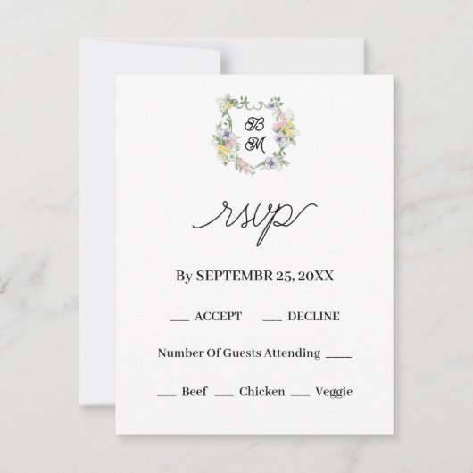 Formales florales Monogramm-Wappen Hochzeit RSVP Karte (Vorderseite)