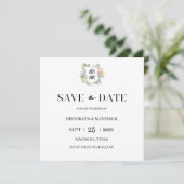 Formales florales Monogrammwappen Hochzeit Save The Date (Stehend Vorderseite)