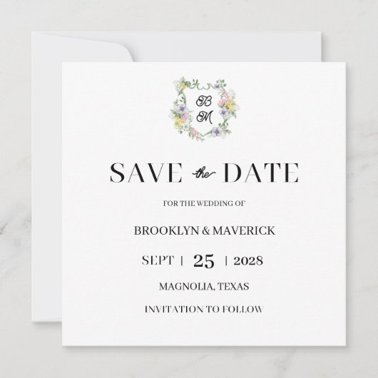 Formales florales Monogrammwappen Hochzeit Save The Date (Vorderseite)