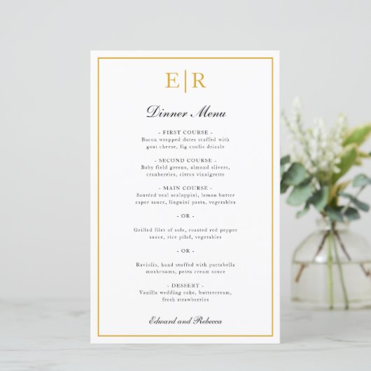 Formales Hochzeitsmenü der Gold Monogram (Stehend Vorderseite)