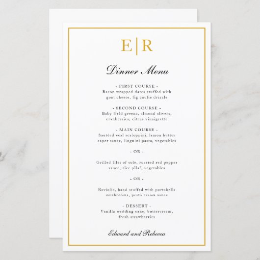 Formales Hochzeitsmenü der Gold Monogram (Vorne/Hinten)