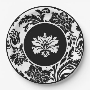 Formales Hochzeitspapier mit schwarz-weißem Damast Pappteller