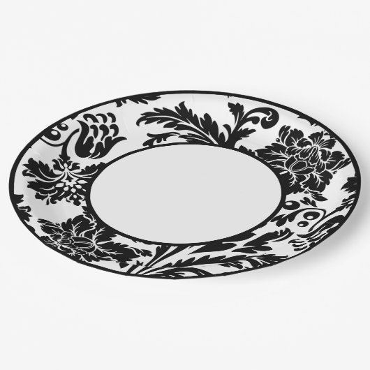Formales Hochzeitspapier mit schwarz-weißem Damast Pappteller (Schrägansicht)