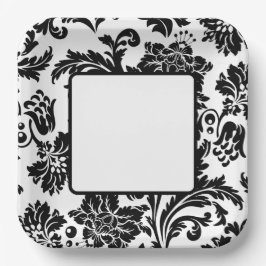 Formales Hochzeitspapier mit schwarz-weißem Damast Pappteller