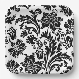 Formales Hochzeitspapier mit schwarz-weißem Damast Pappteller