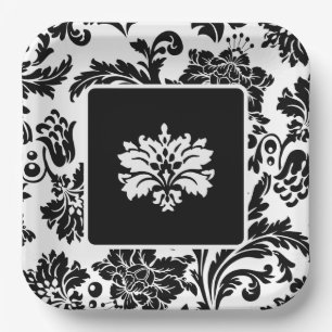Formales Hochzeitspapier mit schwarz-weißem Damast Pappteller