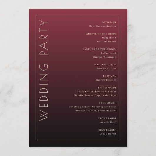Formales marones Hochzeitsprogramm Programm (Rückseite)