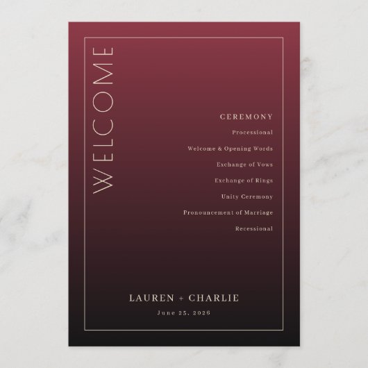 Formales marones Hochzeitsprogramm Programm (Vorderseite)