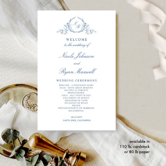 Formales, monogrammiertes, blaues Hochzeitsprogram