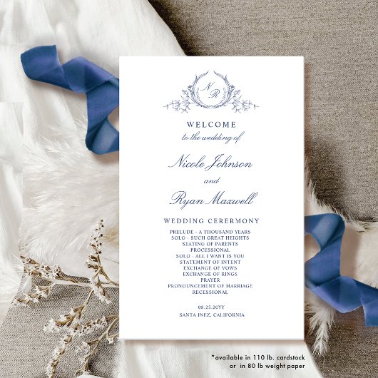 Formales monogrammiertes navyblaues Hochzeitsprogr