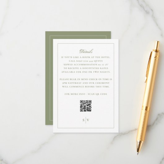 Formales Moosgrün QR-Code Hochzeit Begleitkarte (Vorderseite/Rückseite Beispiel)