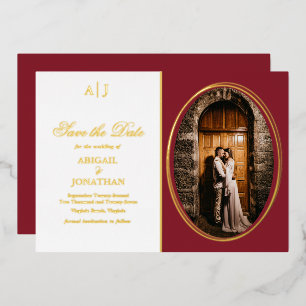 Formales Rot, Gold Foto Hochzeit Save the Date Folieneinladung