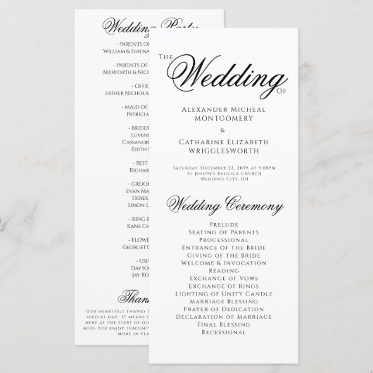 Formales Schwarz-Weiß-Hochzeitsprogramm Programm (Vorne/Hinten)