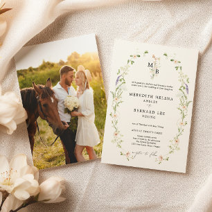 Formales Vintage-Wildblumen-Monogramm-Hochzeitsfot Einladung