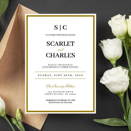 Formell Klassisch Schwarz Gold Monogramm Hochzeit Einladung