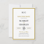 Formell Klassisch Schwarz Gold Monogramm Hochzeit Save The Date (Vorderseite)