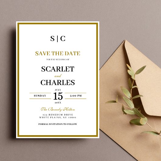 Formell Klassisch Schwarz Gold Monogramm Hochzeit Save The Date
