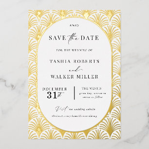 Formelle Black-Tie-Gold-Art-Deco-Save-the-Date-Kar Folieneinladung