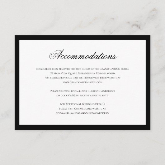Formelle Schwarz-Weiß-Hochzeitsunterkünfte Begleitkarte (Vorderseite)