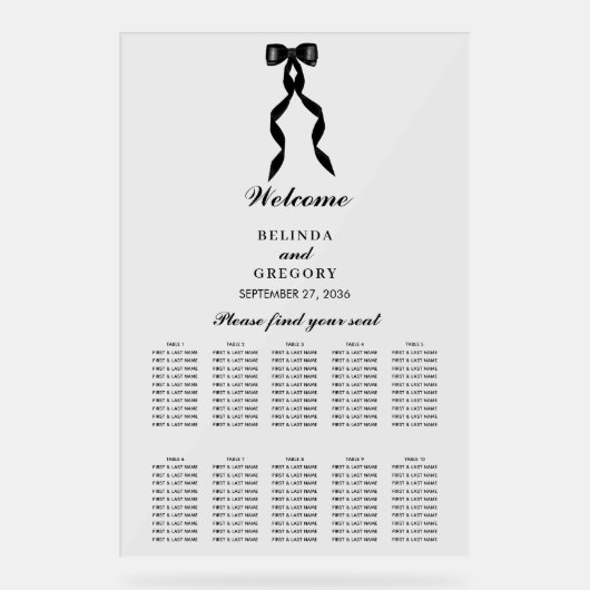 Formelle schwarze Bow-Ribbon-Hochzeitstabelle Acrylschild (Vorderseite)