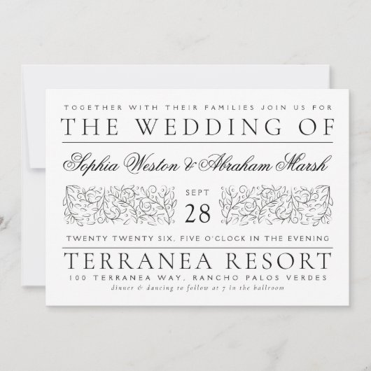 Formelle Scrolling-Blätter Schwarz-Weiß-Hochzeit Einladung (Vorderseite)