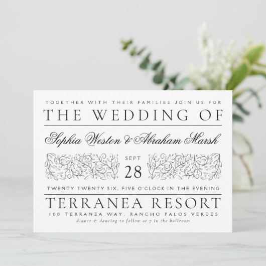 Formelle Scrolling-Blätter Schwarz-Weiß-Hochzeit Einladung (Stehend Vorderseite)