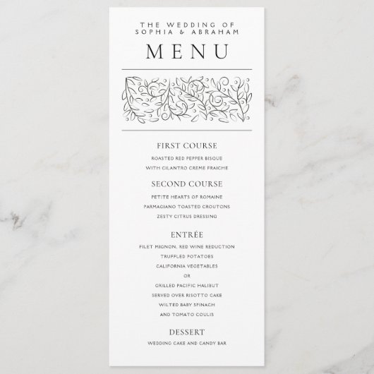 Formelle Scrolling-Blätter Schwarz-Weiß-Hochzeit Menükarte (Vorderseite)