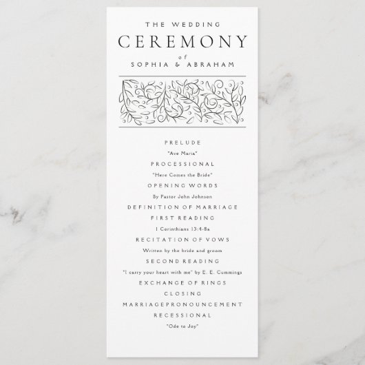 Formelle Scrolling-Blätter Schwarz-Weiß-Hochzeit Programm (Vorderseite)