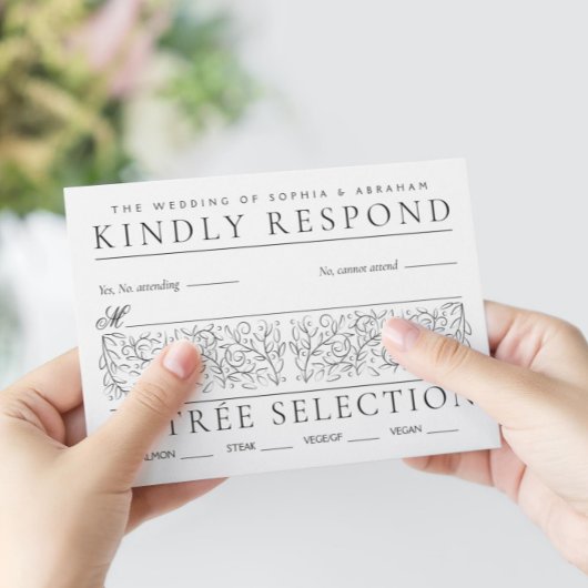 Formelle Scrolling-Blätter Schwarz-Weiß-Hochzeit RSVP Karte